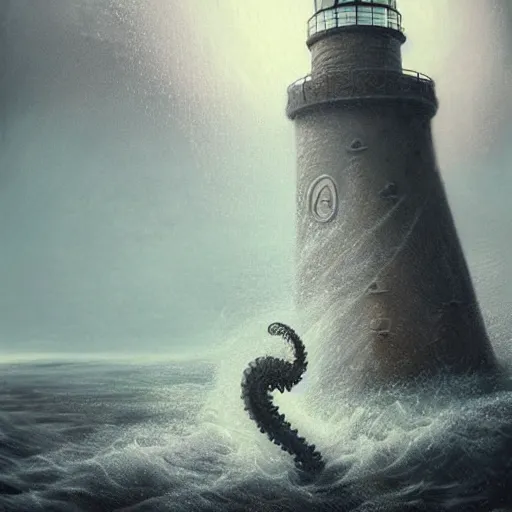 Prompt: ultra realistic illustration, a lighthouse by night being attacked by a kraken, the tentacles are wrapped around the lighthouse and there is water mist everywhere, moody, water, epic, creature, attack, tentacles, building, coast, intricate, elegant, highly detailed, digital painting, artstation, smooth, sharp focus, art by artgerm and greg rutkowski and alphonse mucha
