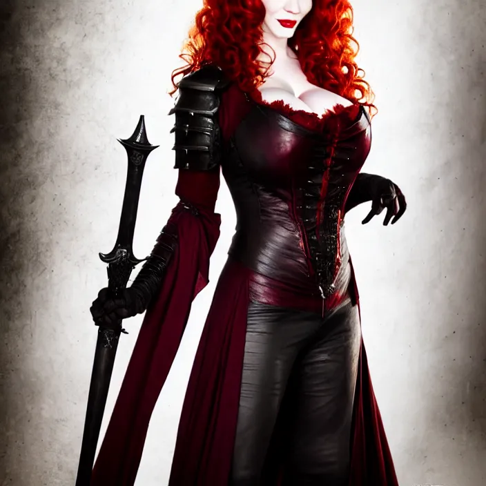 Image similar to full length photograph of a real-life christina hendricks as a vampire warrior, Extremely detailed. 8k