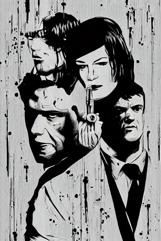 Image similar to black and white illustration of Pulp fiction, neo noir style, Frank Miller creative design, body horror