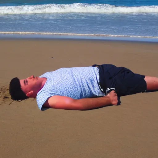 Prompt: Stey Boy laying on the beach.