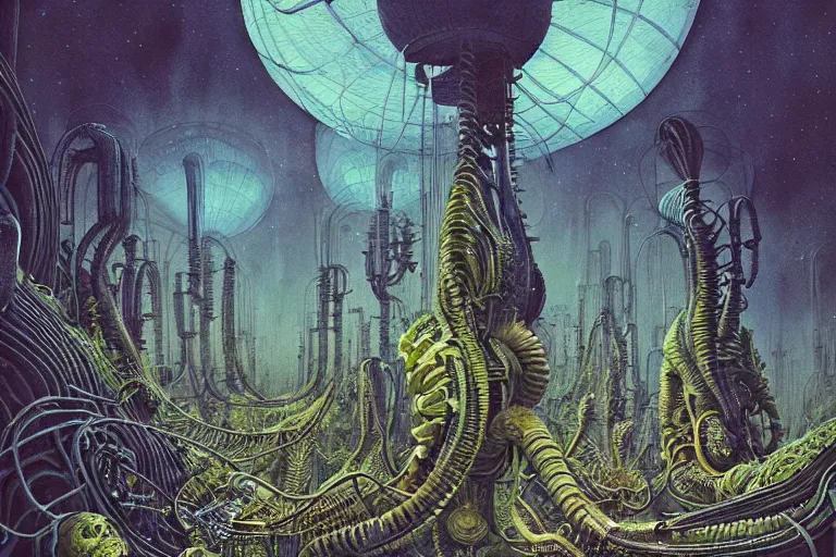 Image similar to a surreal and awe - inspiring science fiction landscape, alien plants and animals, intricate, elegant, uplifting, happy, inspirational, highly detailed watercolor painting by h. r. giger and simon stalenhag