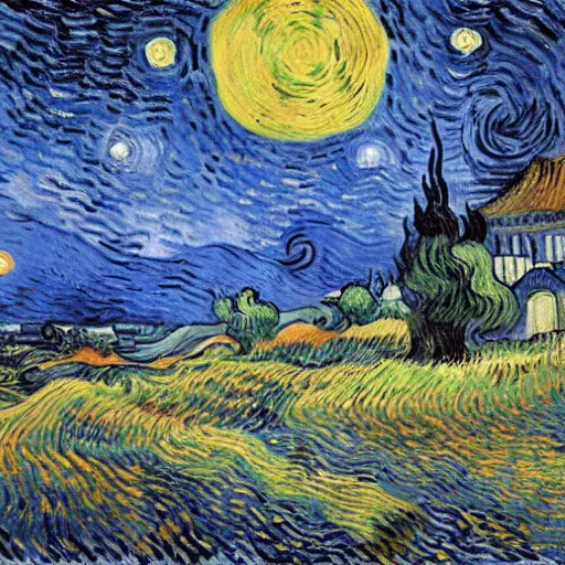 Image similar to A post-Impressionist oil painting of a night sky roiling with chromatic blue swirls, a glowing yellow crescent moon, and stars rendered as radiating orbs, over a village. A large stylized cypress tree is in the left foreground. By Vincent van Gogh, 1889.