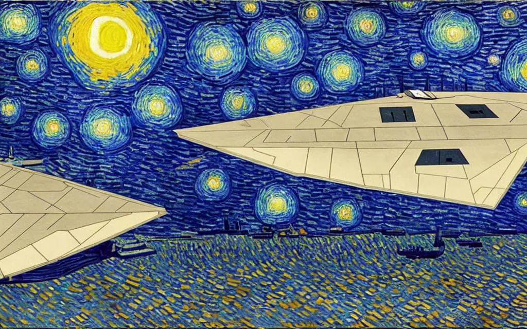 Image similar to star wars star destroyer from star wars in the sky of the starry night by van gogh modern inpainting high details