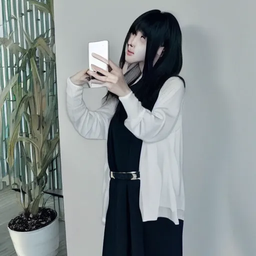 Image similar to korean girl, 2 0 2 2, casual fashion, ulzzang, mirror selfie, pinterest, instagram, unreal engine, curvy, a picture by lu ji, trending on cg society, aestheticism, pretty, lovely, elegant