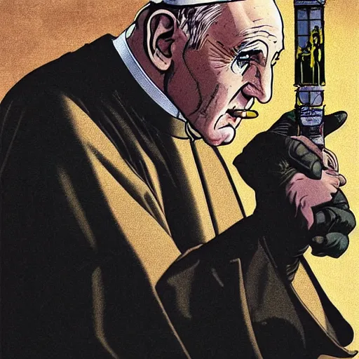 Image similar to The Pope Smoking ,dc comics, dark, intricate, highly detailed, smooth, artstation, digital illustration by Jim Lee and Brian Bolland