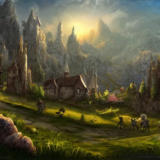 Prompt: medieval fantasy meadow landscape, digital art, trending on artstation, cartoon style, 4k, hd