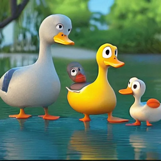 Prompt: Cute little duck family, still from a pixar!! movie