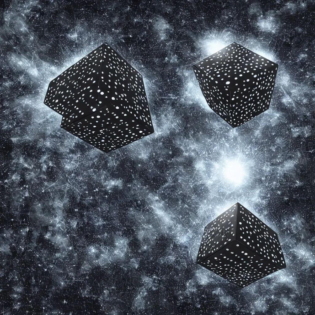 Image similar to borg cube on a black star dotted background, art by mark cooper, 8 k, hyper detailed, hdr, intricate, masterpiece