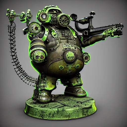 Prompt: highly detailed steampunk morbid obese undead heavy soldier with heavy machine guns, intricate, rusty, green radioactive glow, toxic waste, 3D render