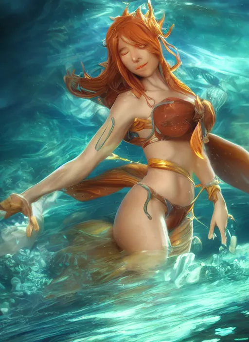 Image similar to nami, from league of legends, au naturel, underwater, fish skinned, hyper detailed, digital art, trending in artstation, cinematic lighting, studio quality, smooth render, unreal engine 5 rendered, octane rendered, art style by klimt and nixeu and ian sprigger and wlop and krenz cushart