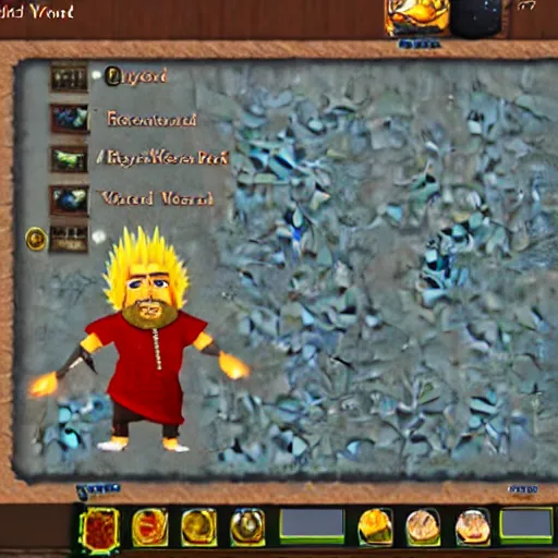 Prompt: in-game screenshot of Guy Fieri in Old School Runescape standing at the Varrock West Bank