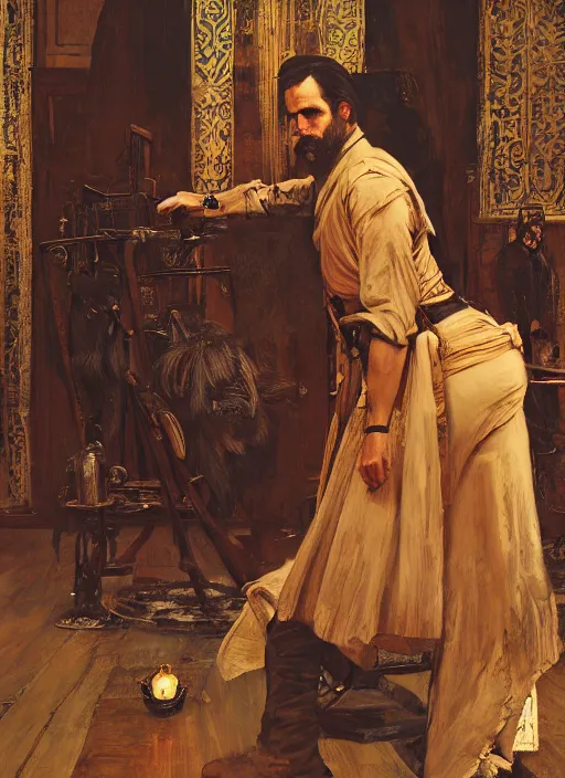 Image similar to Old west resurrectionist (rdr2, laurie greasley). Iranian orientalist portrait by john william waterhouse and Edwin Longsden Long and Theodore Ralli and Nasreddine Dinet, oil on canvas. Cinematic, hyper realism, realistic proportions, dramatic lighting, high detail 4k