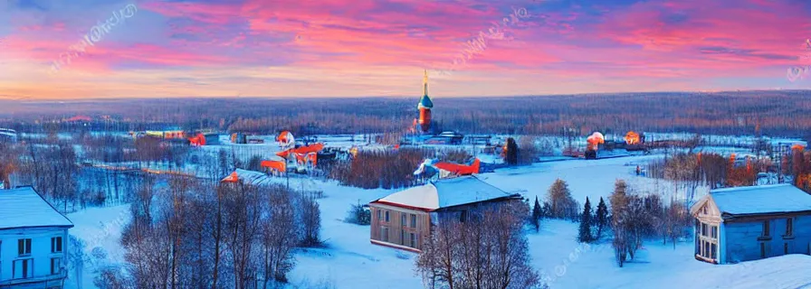 Prompt: view on sleeping district in province russian town at morning sunrise, romantic lighting, squared buildings, trees
