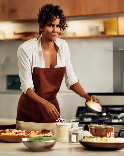 Prompt: photoshoot of model halle berry cooking a meal, 8 k, photorealistic