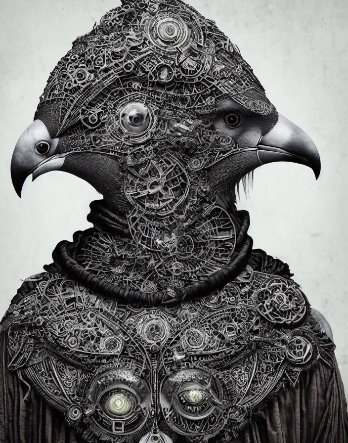 Prompt: pigeon goddess close-up portrait tribal slavic russian monk in hooded robe skull, sitting on intricate throne, ancient high tech, cyberpunk, dystopian, black chicken pigeon hybrid bird, divine grey wings, burning halo, intricate artwork by Tooth Wu and wlop and beeple, greg rutkowski, very coherent symmetrical artwork, cinematic, hyper realism, high detail, octane render, unreal engine, 8k, Vibrant colors, Smooth gradients, High contrast, depth of field, aperture f1.2