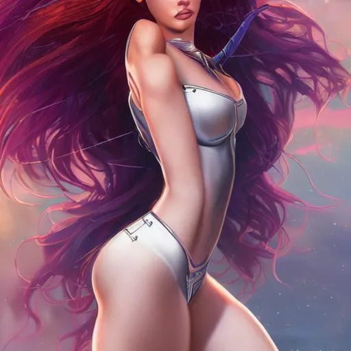 Image similar to ultra realistic illustration, bella thorne as starfire anime, intricate, elegant, highly detailed, digital painting, artstation, concept art, smooth, sharp focus, illustration, art by artgerm and greg rutkowski and alphonse mucha and wlop