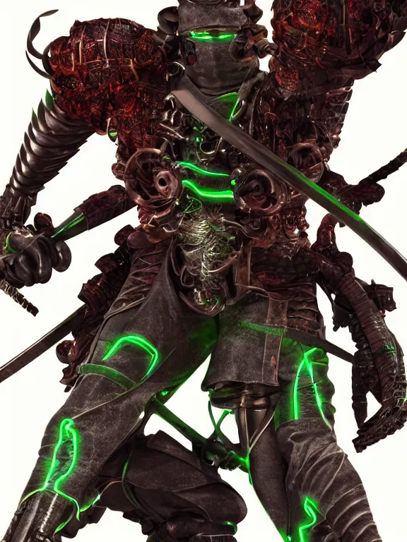 Image similar to full body front view portrait of natural, bio - mechanical ninja samurai, character design, correct anatomy, made in blender, octane render, ray tracing, ultra detailed, fantasy, neon lighting, intricate and highly detailed, coloured with lots of colour, pose, fantasy, sharp focus,