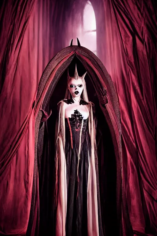 Image similar to dressed anya taylor - joy, a sinister demonic queen of cenobites, symmetrical, cinematic, elegant, demonic atmosphere, professional studio light, real dlsr photography, sharp focus, costume made by clive barker, real rotten flesh and blood, 4 k, ultra hd, sense of awe