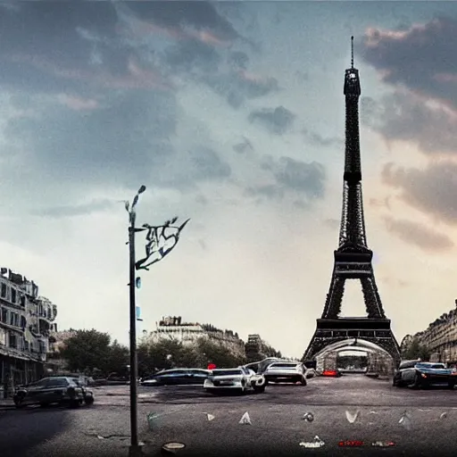 Image similar to A beautiful intricate 8K award-winning cinematic movie photograph of the future Eiffel Tower, devastated and decaying, completely covered in billboards. in the year 2043, by Bruno Delbonnel. Arri Alexa 65, IMAX 70mm footage