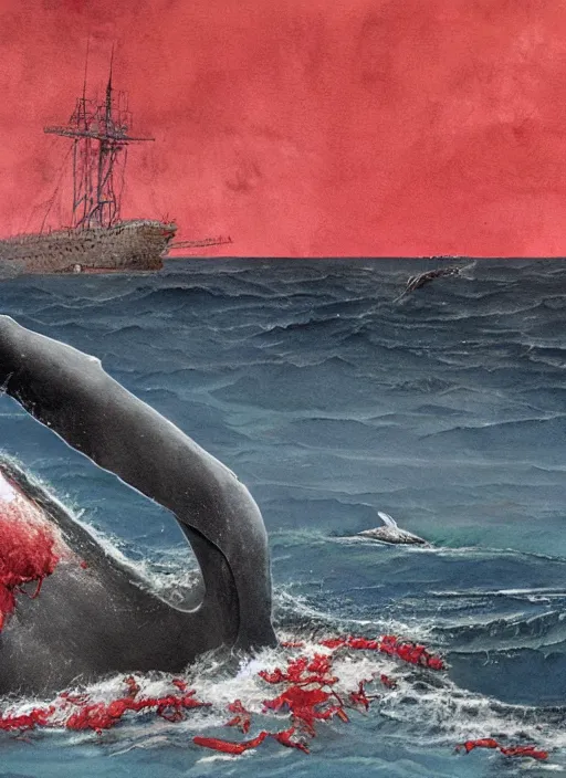 Prompt: a watercolor painting of a whale bleeding on the ocean near a ship, 3 d render, hyper detailed, dark art, horror art, digital art, realistic painting, smooth effect, part by beksinski, part by carl gustav carus with red blood brushstrokes by swanland raymond.