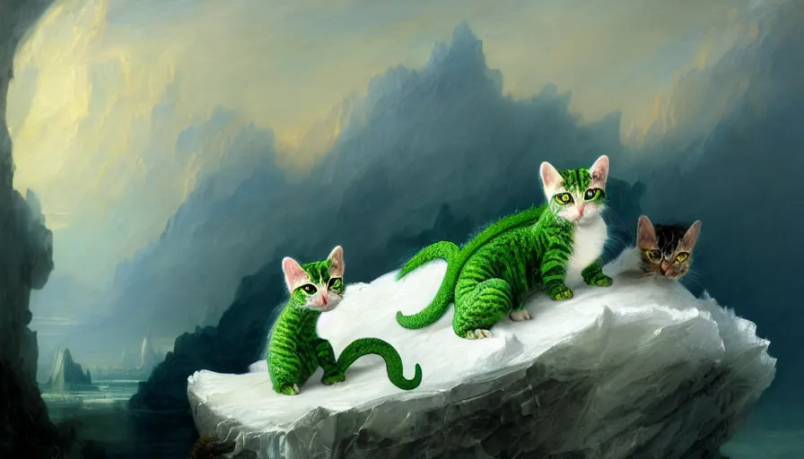 Prompt: highly detailed painting of cute baby furry green dragon kitty cats on a blue and white iceberg by william turner, by greg rutkowski, by william constable, thick brush strokes and visible paint layers, 4 k resolution