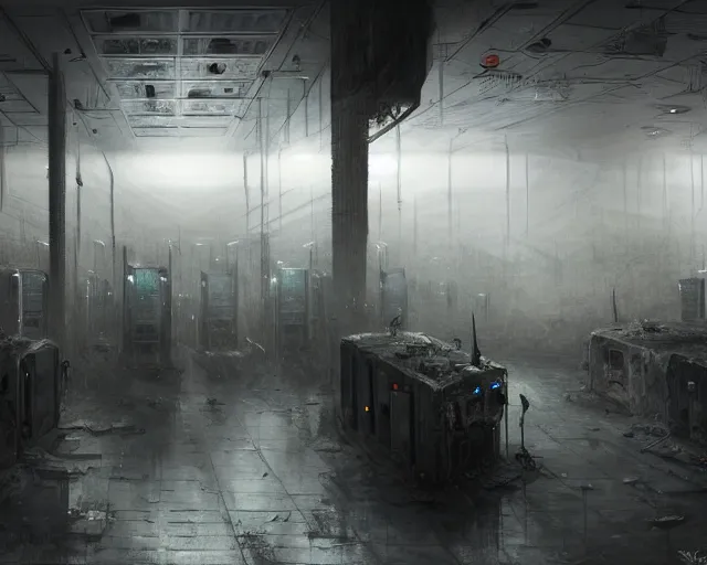 Prompt: gloomy ruined server room in datacenter painting concept art of robot knight colossus mono eyed, sharp focus, emitting diodes, smoke, artillery, pacing, computers, racks, motherboard, by pascal blanche rutkowski repin artstation hyperrealism detailed matte painting, 4 k resolution