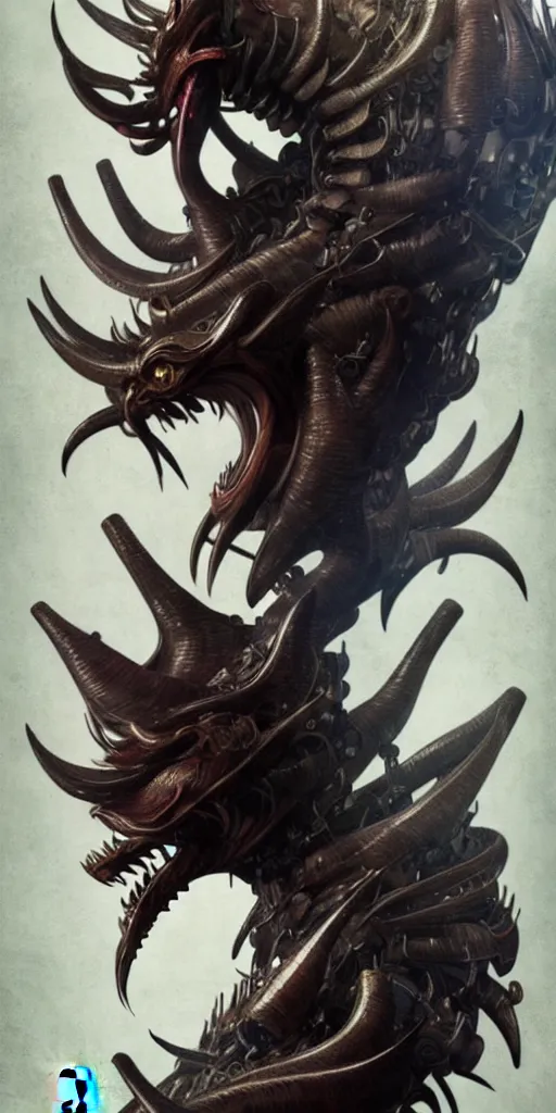 Image similar to exquisite imaginative creature beast from chinese mythology, sharp, ghost in the shell, slender and densely arranged teeth, poster art, movie art, poster art, poster art, elegant, by lucusfilm, weta studio and james jean, 8 k, denoised