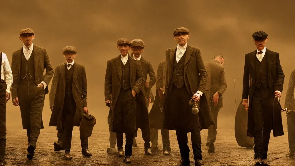 Prompt: the peaky blinders made out of peanuts, film still from the movie directed by denis villeneuve with art direction by zdzis