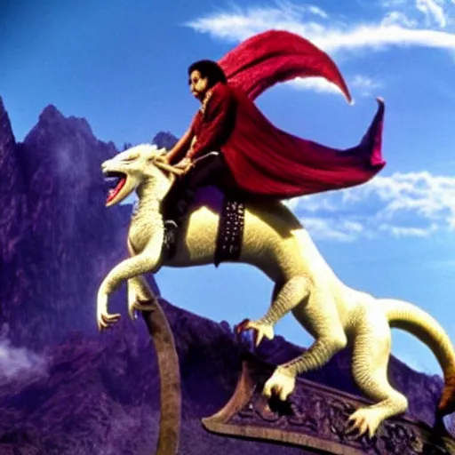 Prompt: Michael Jackson riding on top of Falkor the luck dragon from the film The Neverending Story