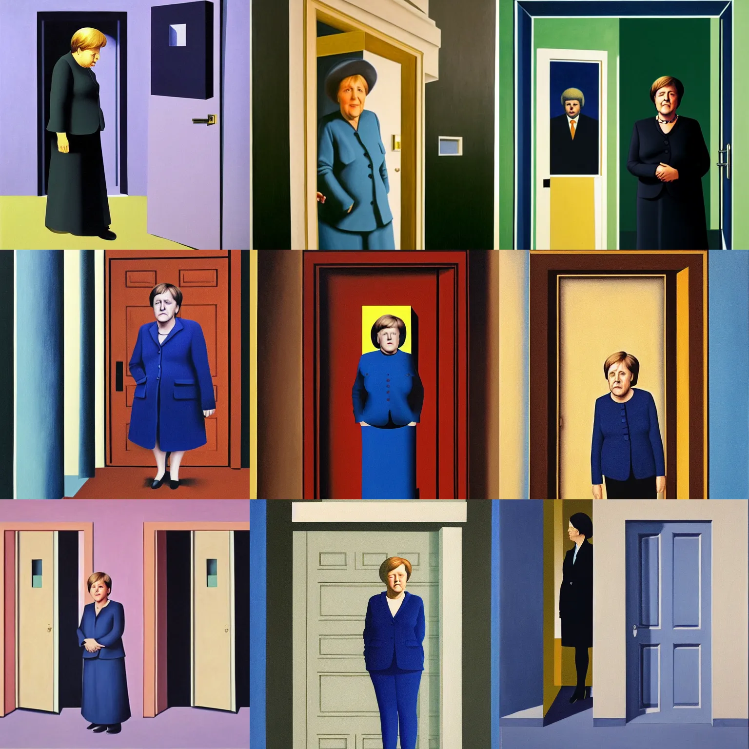 Prompt: painting of angela merkel standing in front of a door, by rene magritte