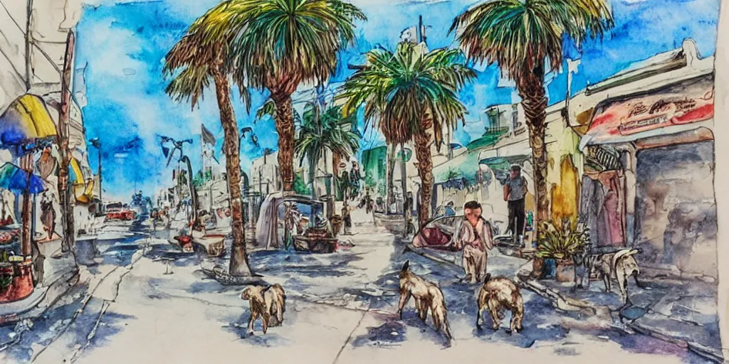 Prompt: streets of tel aviv. pen painting watercolors. colorful. highly detailed. palm trees. dogs.