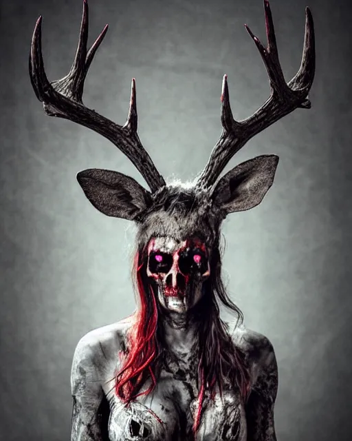 Image similar to deer - skull sisters ghost - spirit of the grim - warpaint wears the scarlet skull armor and native blood headdress antlers, midnight fog - mist!, cinematic lighting, various refining methods, micro macro autofocus, ultra definition, award winning photo, photograph by ghostwave - gammell - giger - shadowlord