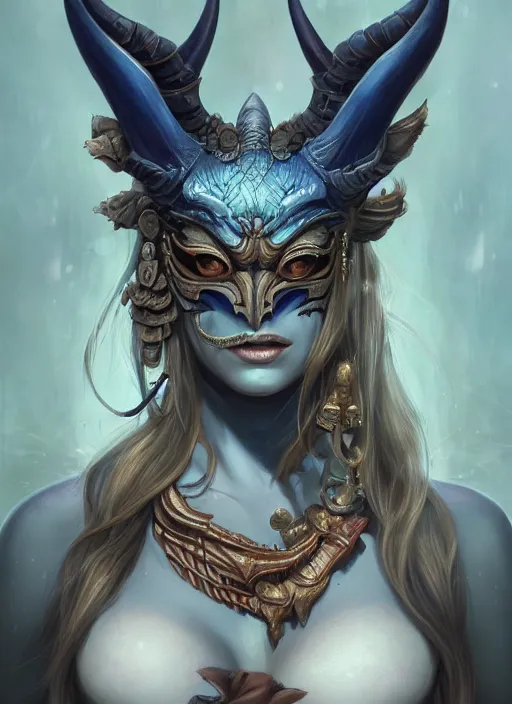 Image similar to a beautiful detailed oil on copper art illustration of a japanese blue devil mask devil woman, centered, by charlie bowater, zeng fanzh, trending on artstation, dim dusk lighting, cinematic lighting, detailed lighting, volumetric lighting, realistic, f 8, 4 k hd wallpaper