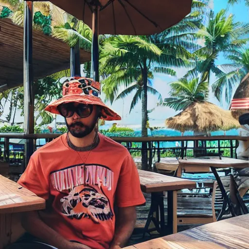 Prompt: a tiger wearing a bucket hat and a hawaii shirt sitting at an outdoor bar drinking a beer