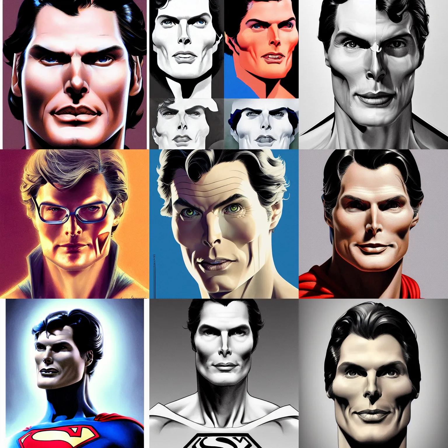Prompt: Christopher reeve!!! sinde of face is metal skeleton exposed skull another side is human skin , superman costume, realistic shaded perfect face, fine details. not anime. Realistic shaded lighting poster by Ilya Kuvshinov katsuhiro, magali villeneuve, artgerm, Jeremy Lipkin and Michael Garmash, Rob Rey and Kentarõ Miura style, trending on art station