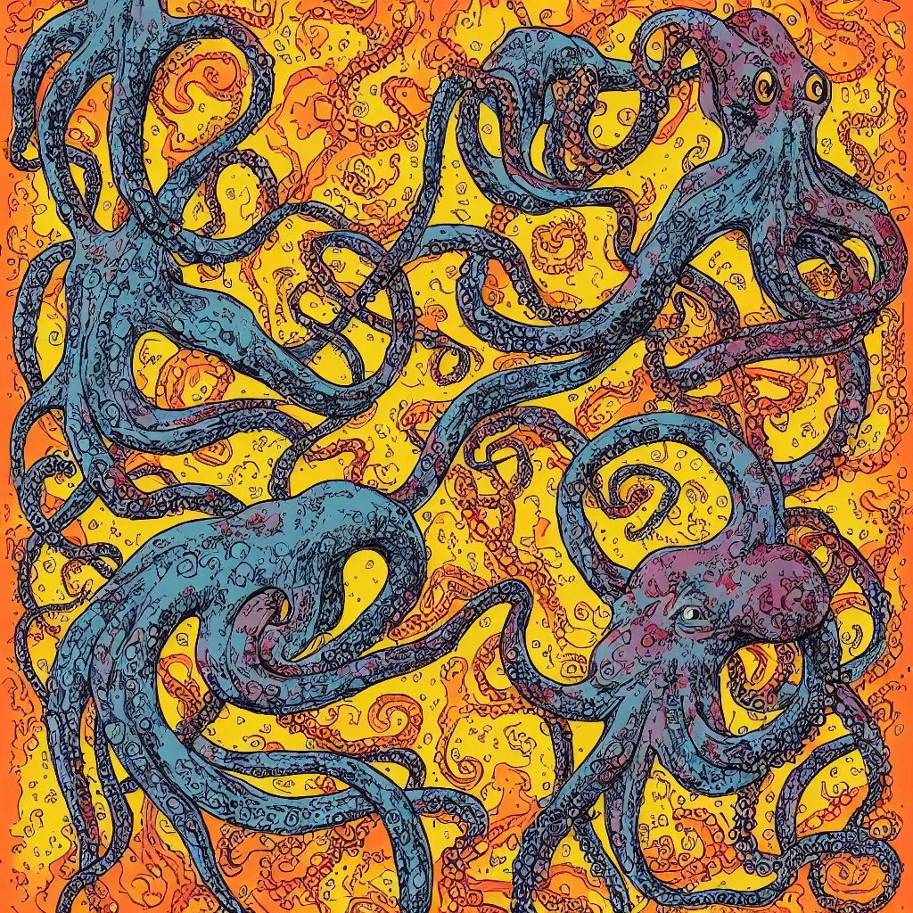 Prompt: an octopus as thomas chong, smoking a thick cigar, multicolored, robert crumb style, 8 k