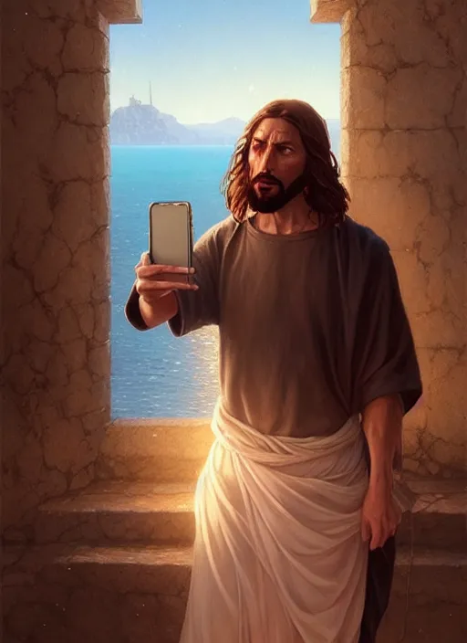 Image similar to Highly detailed portrait of jesus christ taking a selfie with an iphone, in GTA V, Stephen Bliss, unreal engine, fantasy art by Greg Rutkowski, Loish, Rhads, ferdinand knab, Makoto Shinkai and Lois van baarle, ilya kuvshinov, rossdraws, Tom Bagshaw, alphonse mucha, global illumination, radiant light, detailed and intricate environment