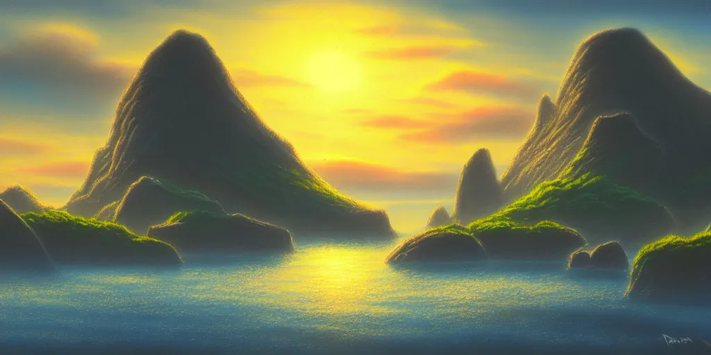 Image similar to a landscape pastel in the style of noriyoshi ohrai and bob ross of rocky islands, dawn. key art. 4 k fantasy