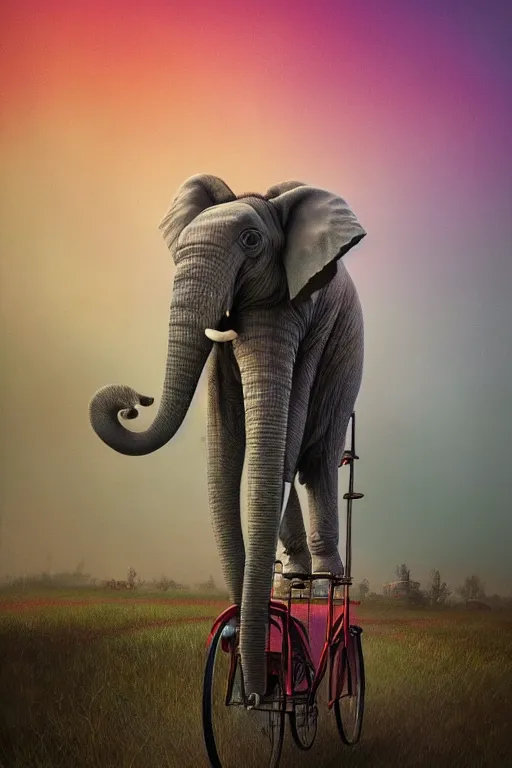 Prompt: a beautiful hyperrealistic painting of a circus act elephant riding a bicycle by Alena Aenami, Anton Semenov, Alejandro Burdisio, gigantic, octane render, brilliantly coloured, intricate, ultra wide angle, trending on artstation, dusk, volumetric lighting, polished, micro details, ray tracing, 8k