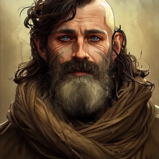 Image similar to Portrait of rugged male ranger, D&D, amber eyes, scars, long hair, long beard muscular, fantasy, intricate, elegant, highly detailed, digital painting, artstation, concept art, smooth, sharp focus, illustration, art by artgerm and greg rutkowski and alphonse mucha