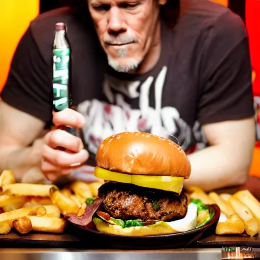 Image similar to kevin bacon profile portrait eating bacon burger soda fries, award winning food photography