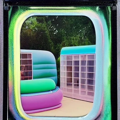 Image similar to a pastel colour high fidelity wide angle Polaroid art photo from a holiday album at a seaside with abstract inflatable parachute furniture, all objects made of transparent iridescent Perspex and metallic silver, no people, iridescence, nostalgic