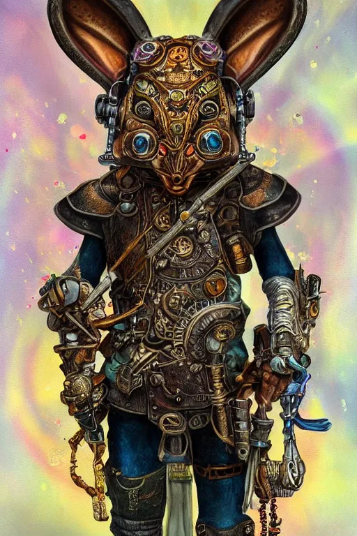 Prompt: ultra realist soft painting of a steampunk rabbit warrior, very intricate details, rainbow lighting, symmetry accurate features, fantasy background