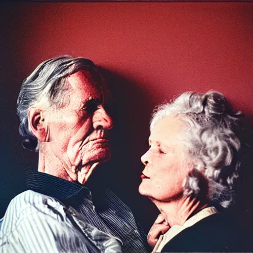 Image similar to a medium shot, colored studio photographic portrait of a old couple, dramatic, from below light, kodachrome camera, kodachrome, 1 9 9 9 photo from life magazine, editorial fashion photography