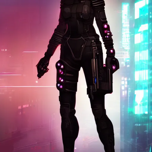 Image similar to female cyberpunk character, highly detailed, full body, digital painting, artstation, concept art, smooth, sharp focus, illustration