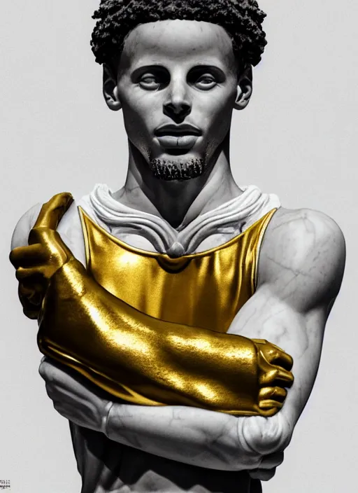 Image similar to a statue made of white marble with gold veins, of steph curry with a basketball in his hands, transhumanism, full body shot, perfect symmetrical body, perfect symmetrical face, hyper realistic, hyper detailed, by johannen voss, by peter kemp, by monia merlo, by michelangelo, by alex grey, octane render, blender, 8 k