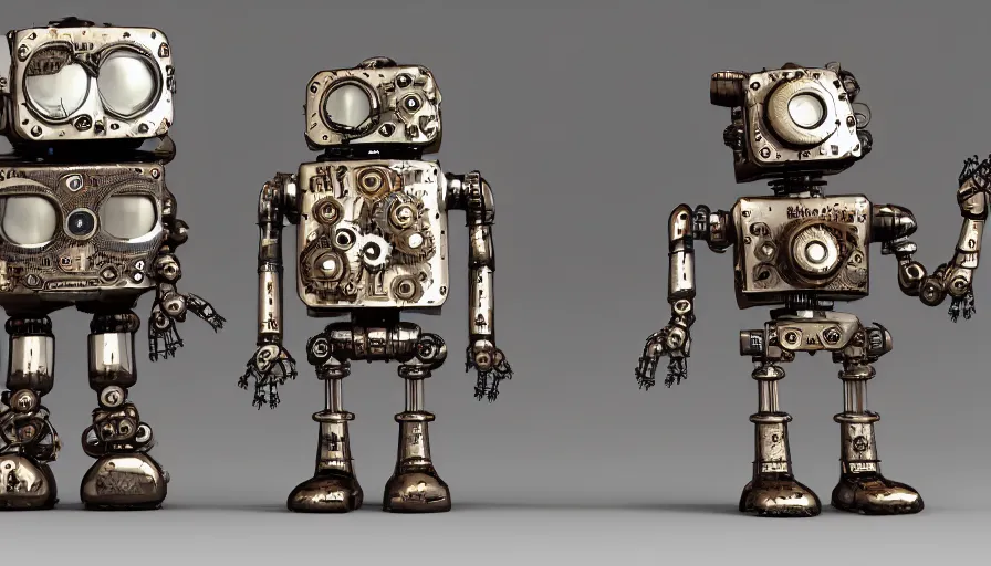 Prompt: two cute steampunk robots with human skin and large shiny eyes smiling and waving, isolated on white background, intricate details, 3D occlusion