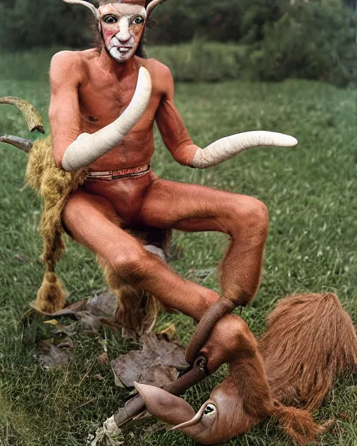 Image similar to actor Roddy McDowell in Elaborate Pan Satyr Goat Man Makeup and prosthetics designed by Rick Baker, Hyperreal, He has goat man legs, cloven feet and horns, He is holding a Pan Flute, he is wearing cargo pants, photos in the style of Annie Leibovitz