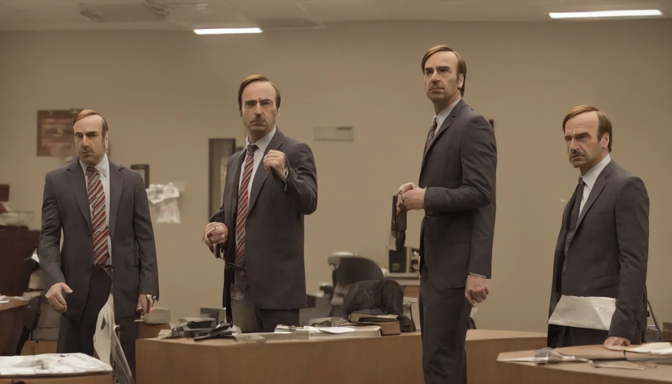 Image similar to still from better call saul, saul goodman in court with red ballon, cinematic shot