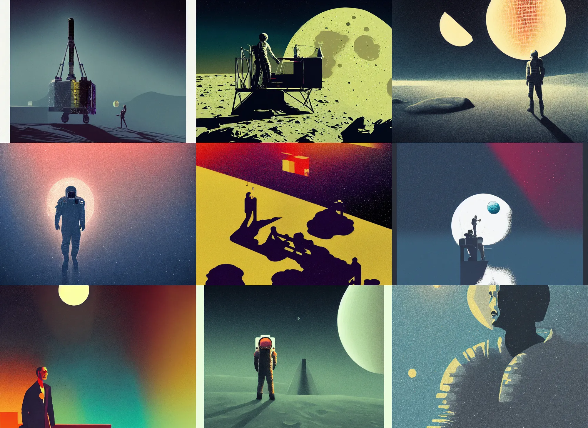Prompt: portrait of first moon landing, colorful, modern art deco, mads berg, karolis strautniekas, christopher balaskas, stippled light, moody, fine texture, editorial illustration, dramatic lighting, dynamic composition, detailed, matte print, dynamic perspective, muted color, victo ngai, wide angle, low fog